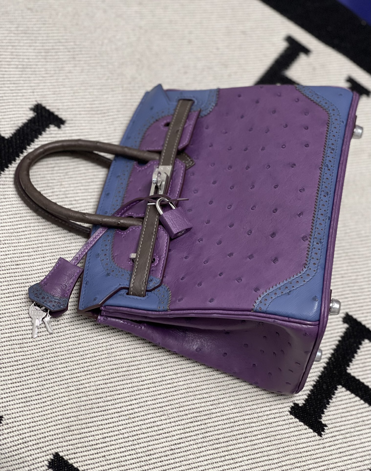 에르메스 버킨백25 퍼플 블루 브라운 은장 타조가죽